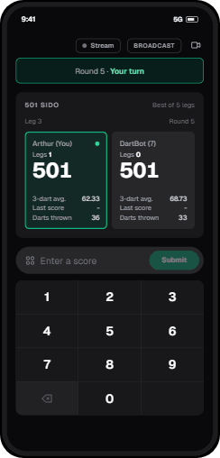 Live 501 scoreboard with running totals